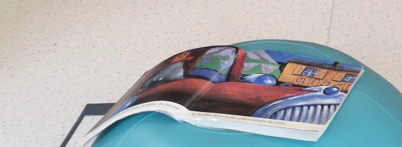 Un album illustré ouvert, posé sur un coussin de la bibliothèque.