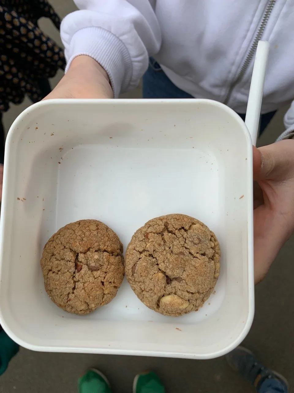 Deux biscuits faits maison dans une boîte réutilisable.